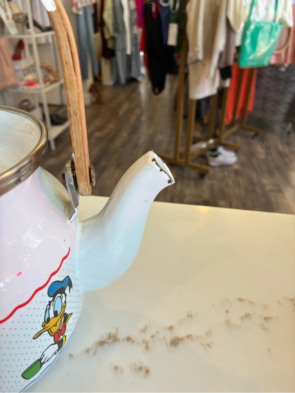 Disney Cartoon-Print Enamel Teapot with Wooden Handle vintage